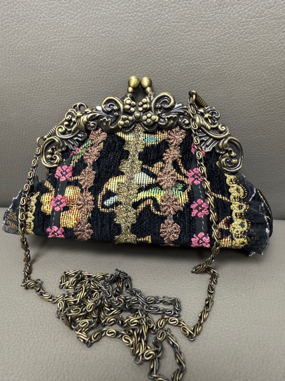 Black Floral Embroidered Frame Clutch with Ornate Brass Chain